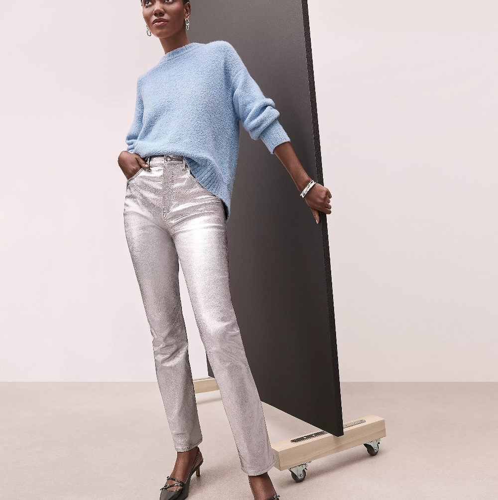 Silver Metallic Shiny Straight Leg Pants - LOFT - NYE